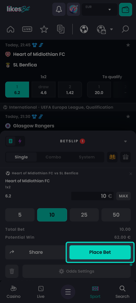 To place a bet in the LikesBet app, tap the corresponding button.
