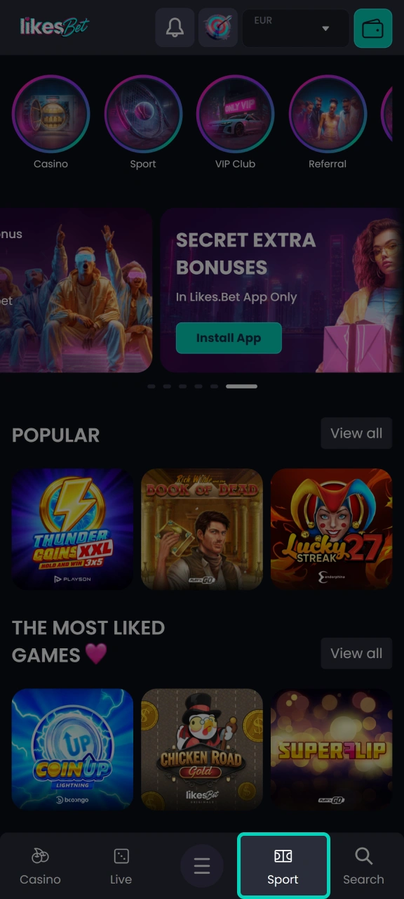 Select a sport on the LikesBet app's home screen.