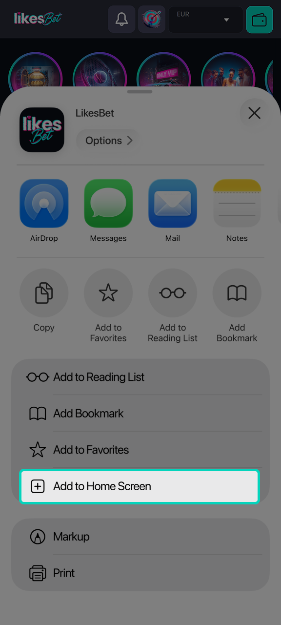 Add the LikesBet mobile app to your iOS home screen.
