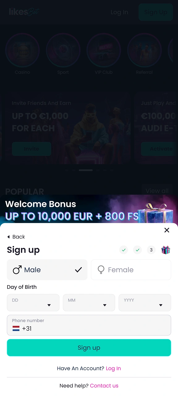 Enter the required information and sign up for a LikesBet account.