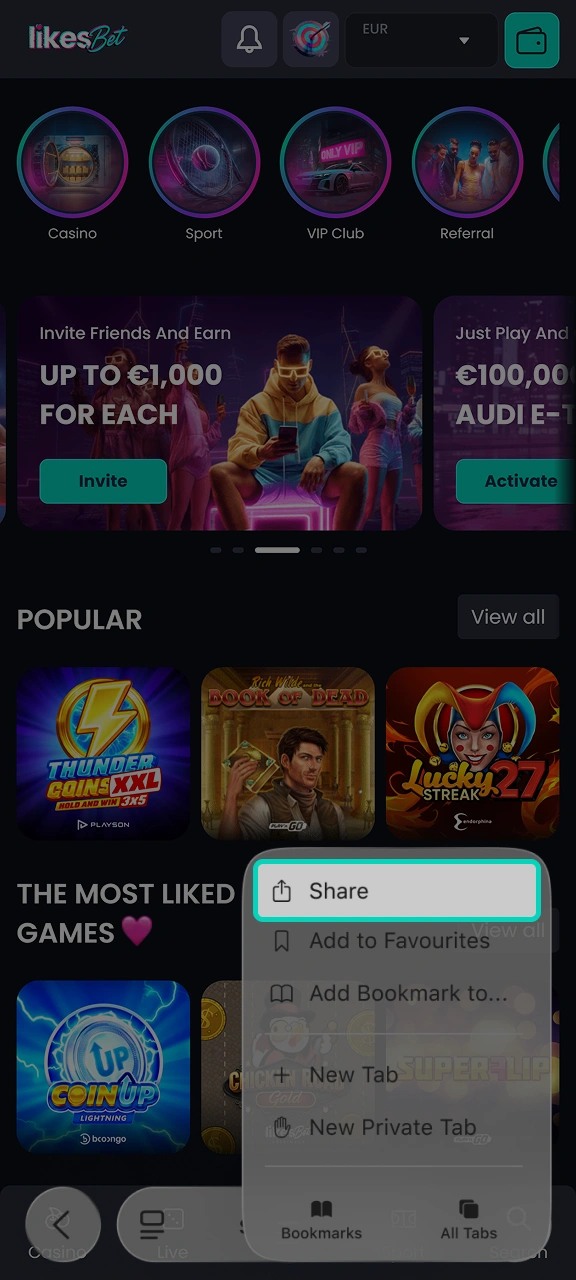 Click Share to open the menu and add LikesBet.