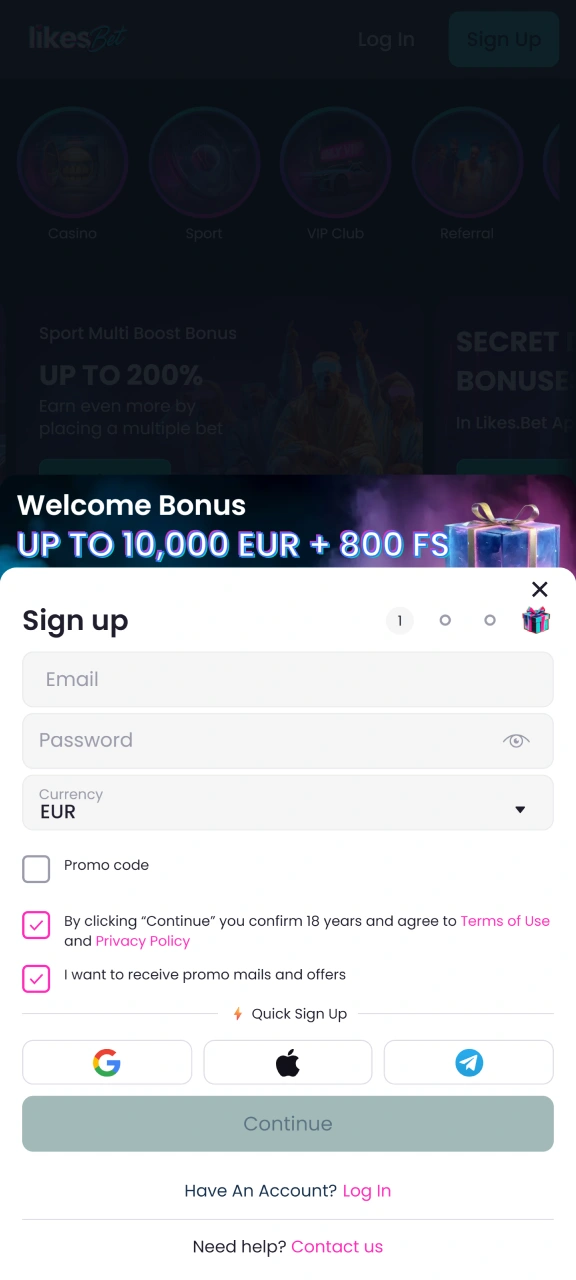 Enter your personal information to register in the LikesBet app.