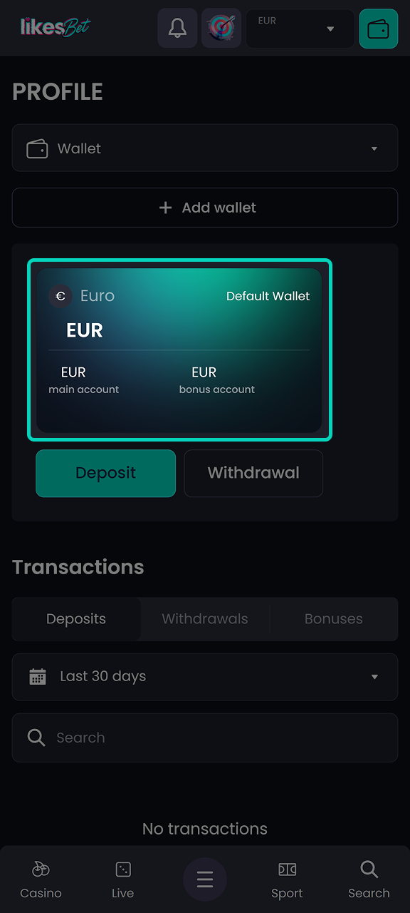 Check your current balance in your LikesBet profile.