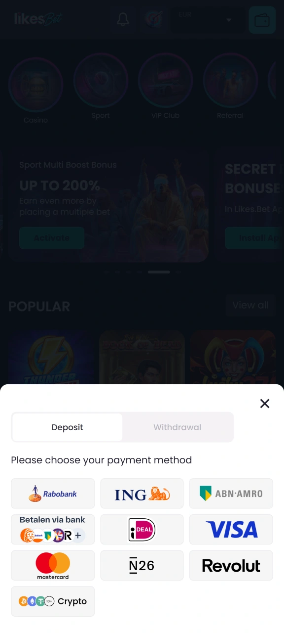 Select a deposit method on the deposit page of the LikesBet website.