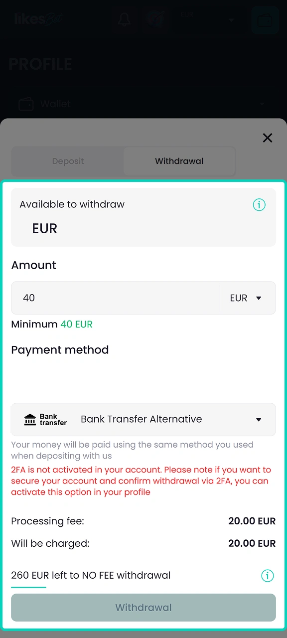 Confirm all the details on the LikesBet withdrawal page.