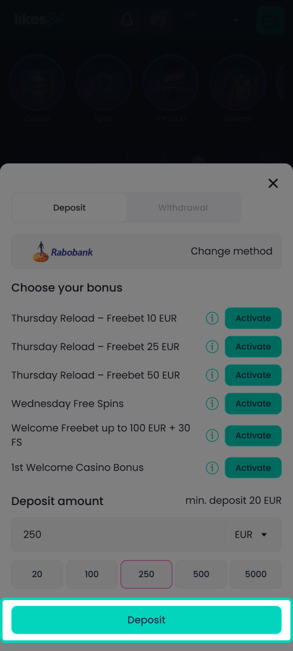Complete the process of adding funds to your LikesBet account.