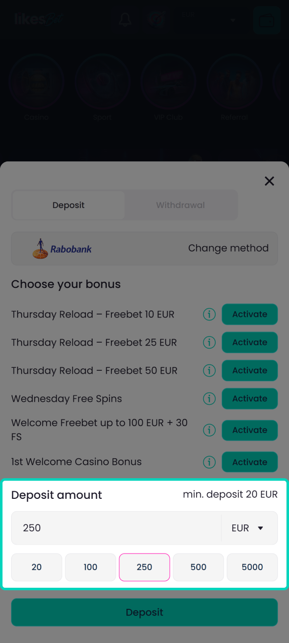Enter the deposit amount to add funds to your LikesBet account.