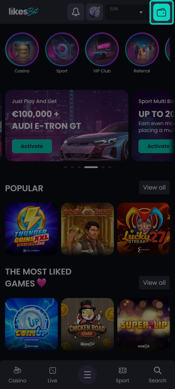 Open the deposit page by clicking on the wallet icon at the top of the LikesBet page.