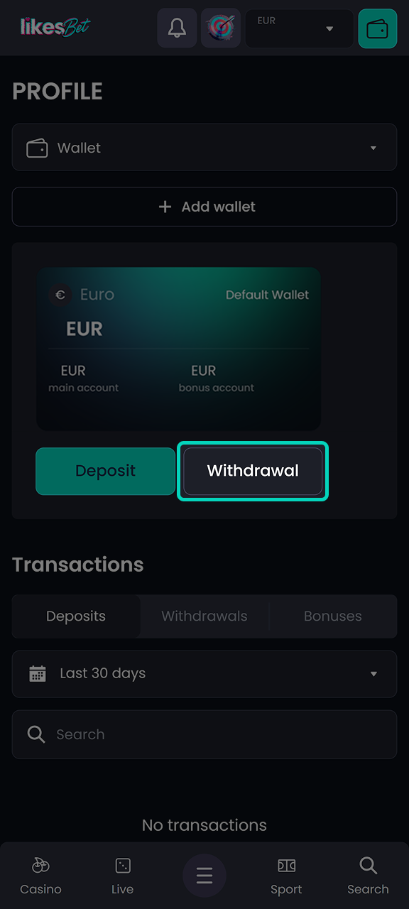 Go to your LikesBet profile and open the withdrawal page.