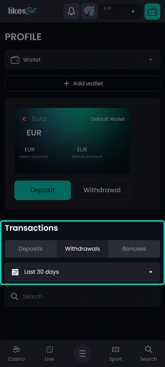 Track the status of your request in your LikesBet transaction history.