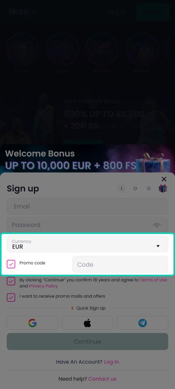 Enter the promo code to receive a bonus on the LikesBet website.