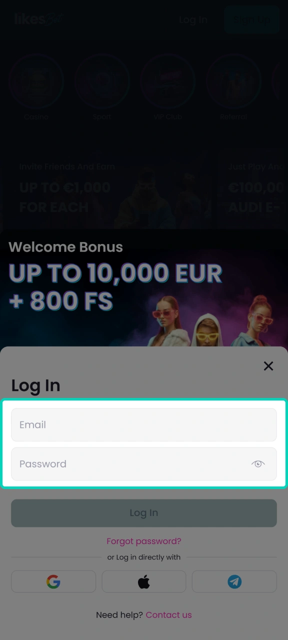 Enter your login information to access your LikesBet profile.