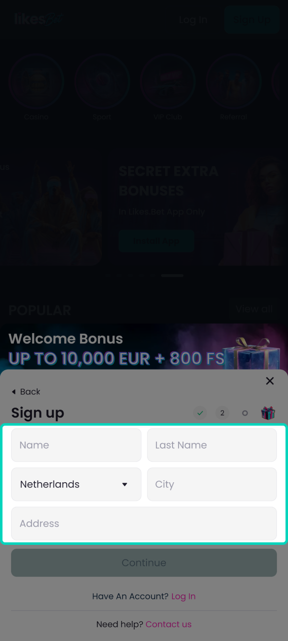 Enter the required information to register on LikesBet, such as your name, country, address, etc.