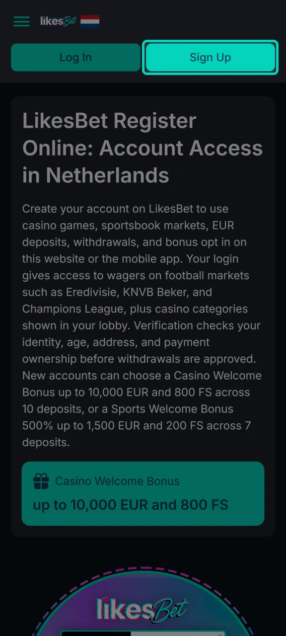 Click the Sign Up button to go to the official LikesBet registration form.