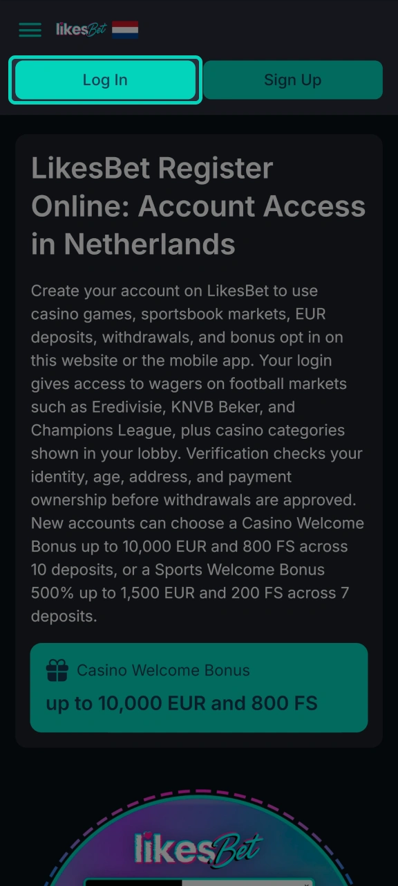 Access the login form on the LikesBet website.