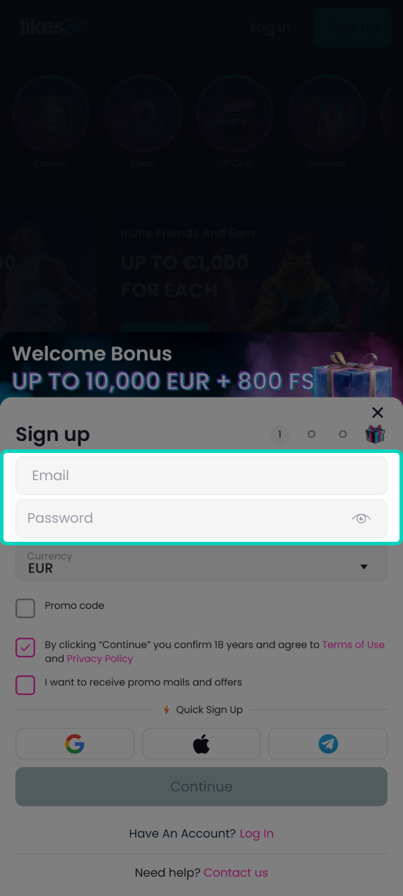 Create a strong password to register on the LikesBet platform.