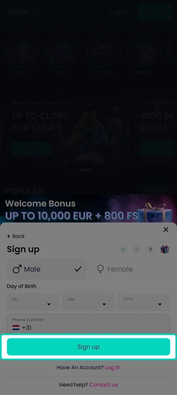 Complete the registration process on the LikesBet website.