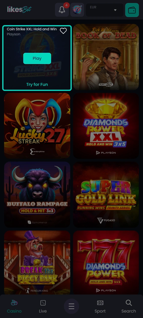 Choose how you want to play on LikesBet: demo mode or for real money.