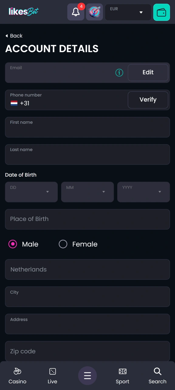 Fill in your information and verify your LikesBet account.