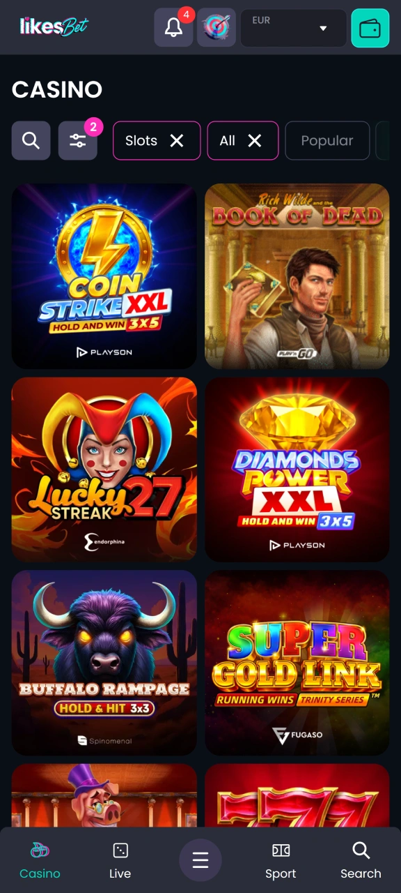 Open the casino section on the LikesBet platform.