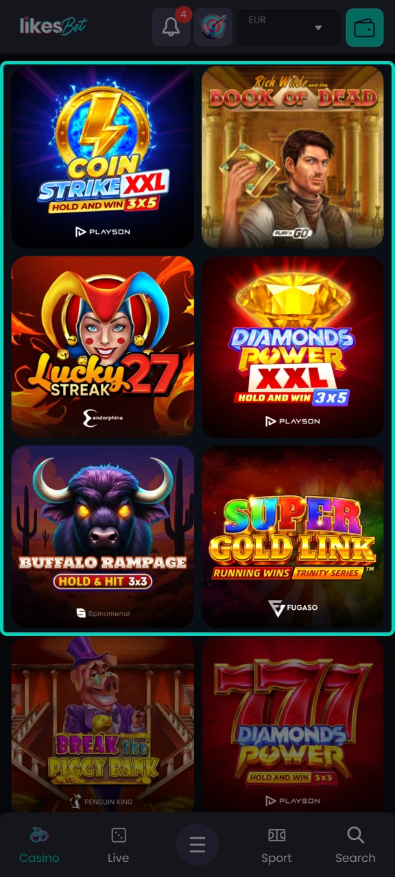Select a game from the list of casino games on the LikesBet website.