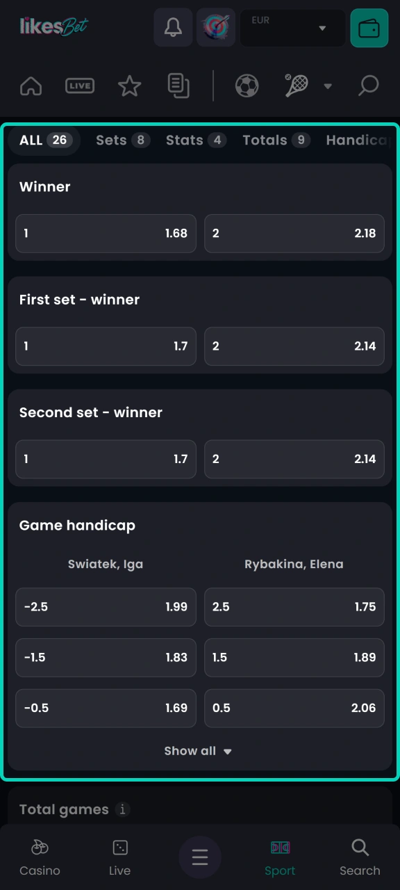 Select a betting market to place a tennis bet on the LikesBet platform.
