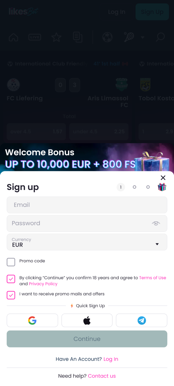 Create an account using your email address and password, and enter your phone number and other information on the LikesBet website.