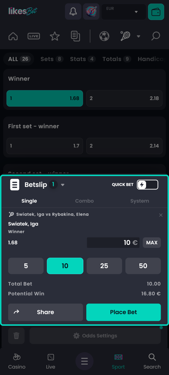 Add the amount of your tennis bet on LikesBet.