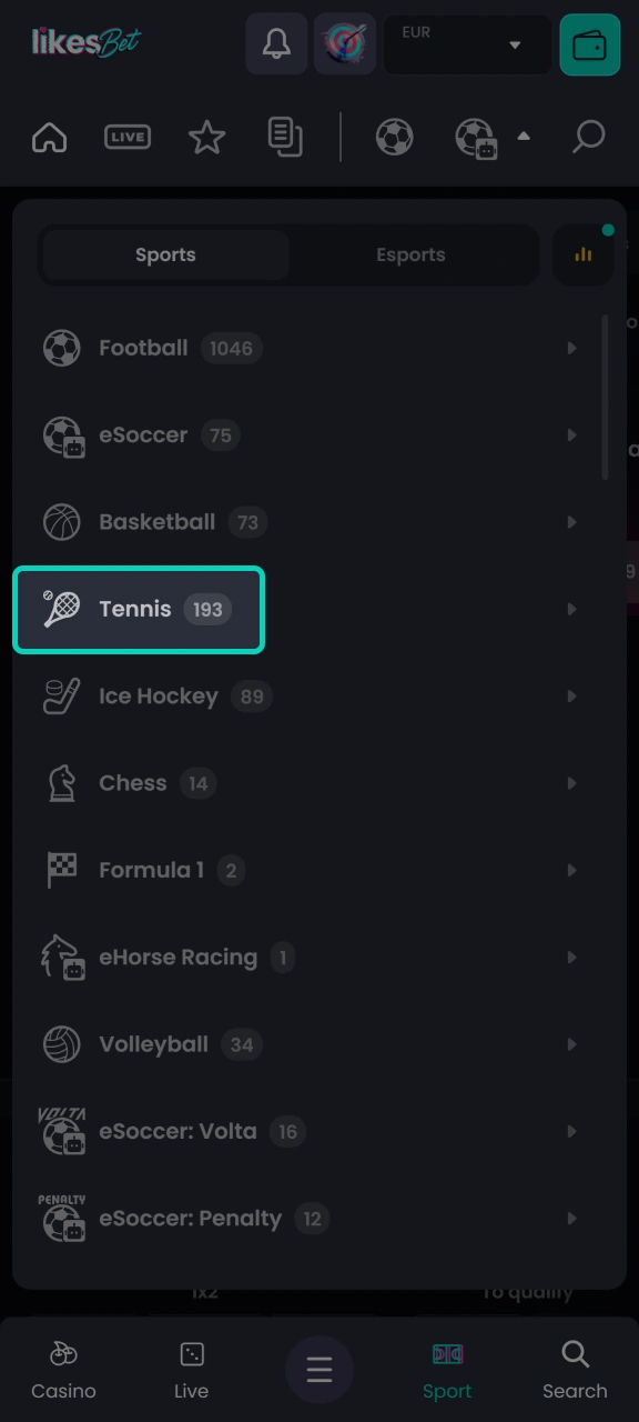 Select tennis from the list of sports on the LikesBet platform.