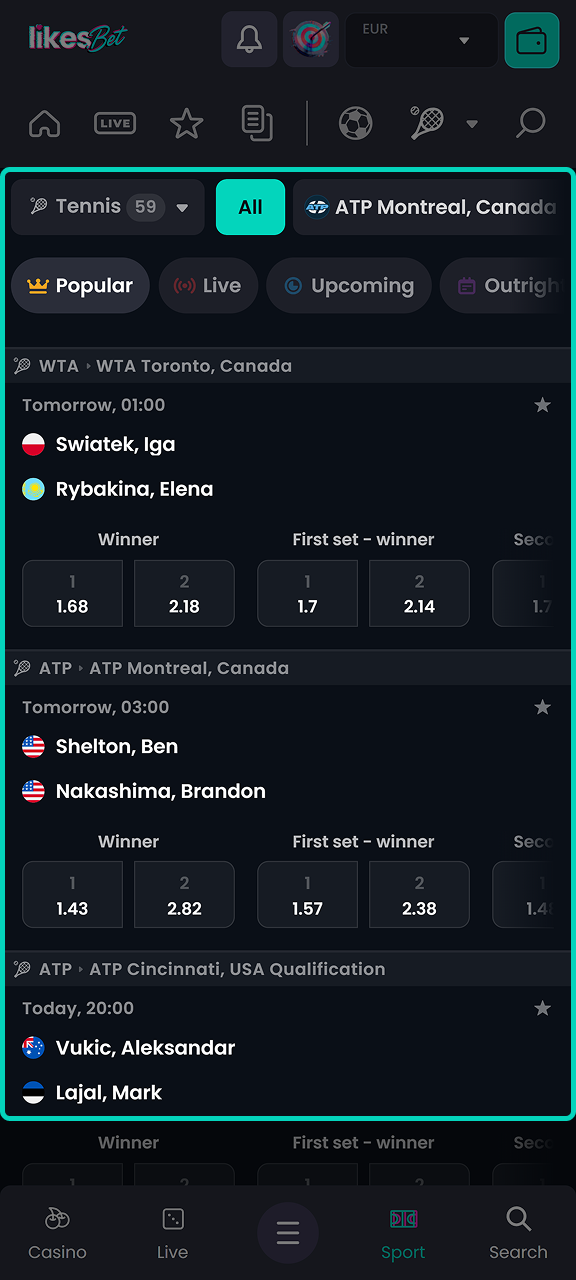 Select an event to place a bet on LikesBet.